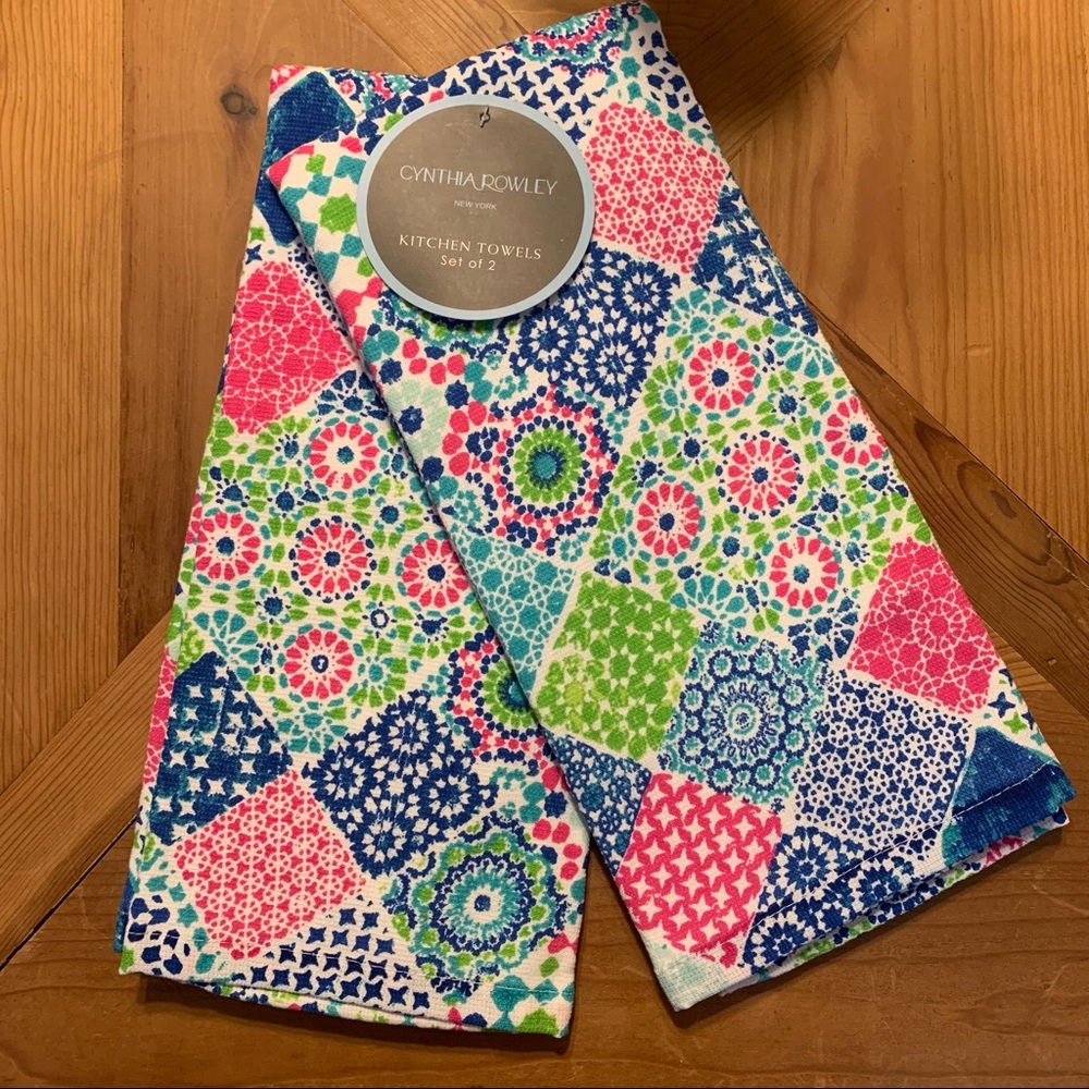 Cynthia Rowley Kitchen Towels Pink Green Blue Boho Patchwork Floral Mandala
